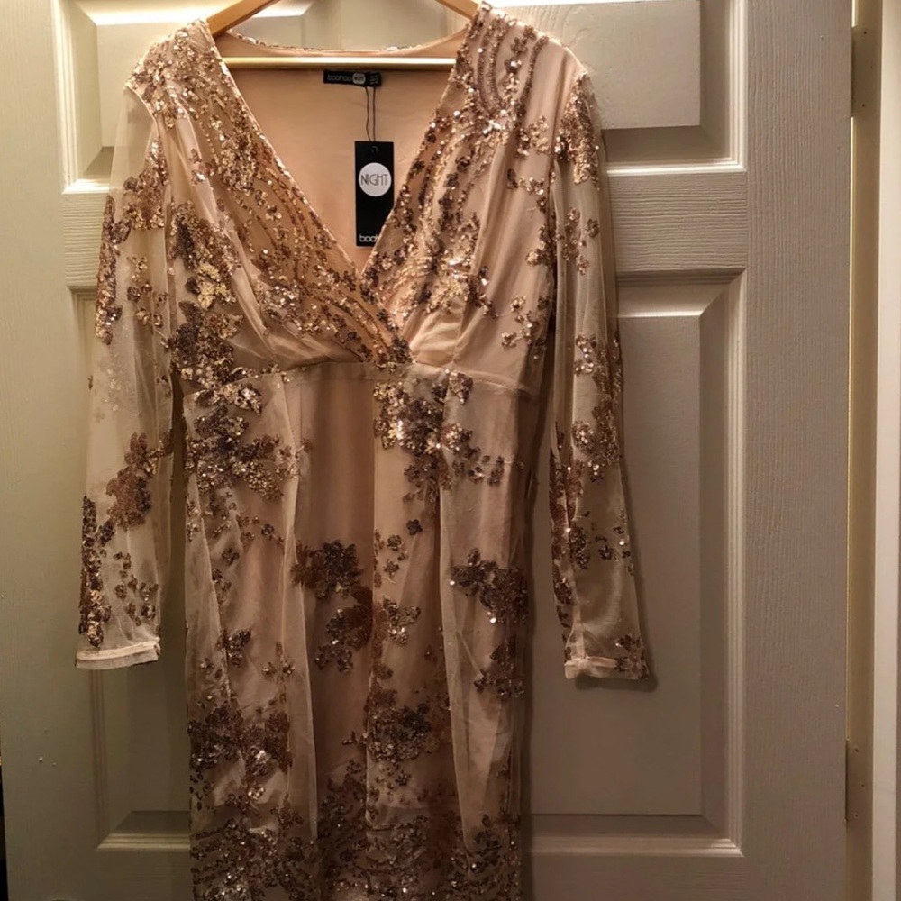 BooHoo Rose Gold Sequin Dress